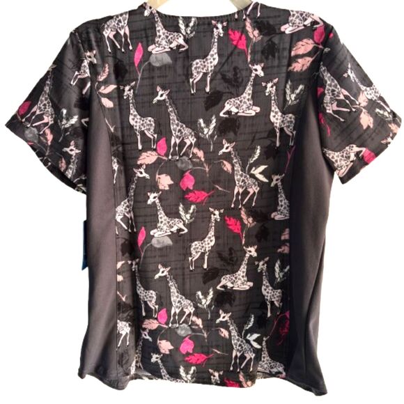 Cherokee IFLEX Giraffe Print Scrub Top Size M V-Neck Nurse Uniform - Picture 2 of 7